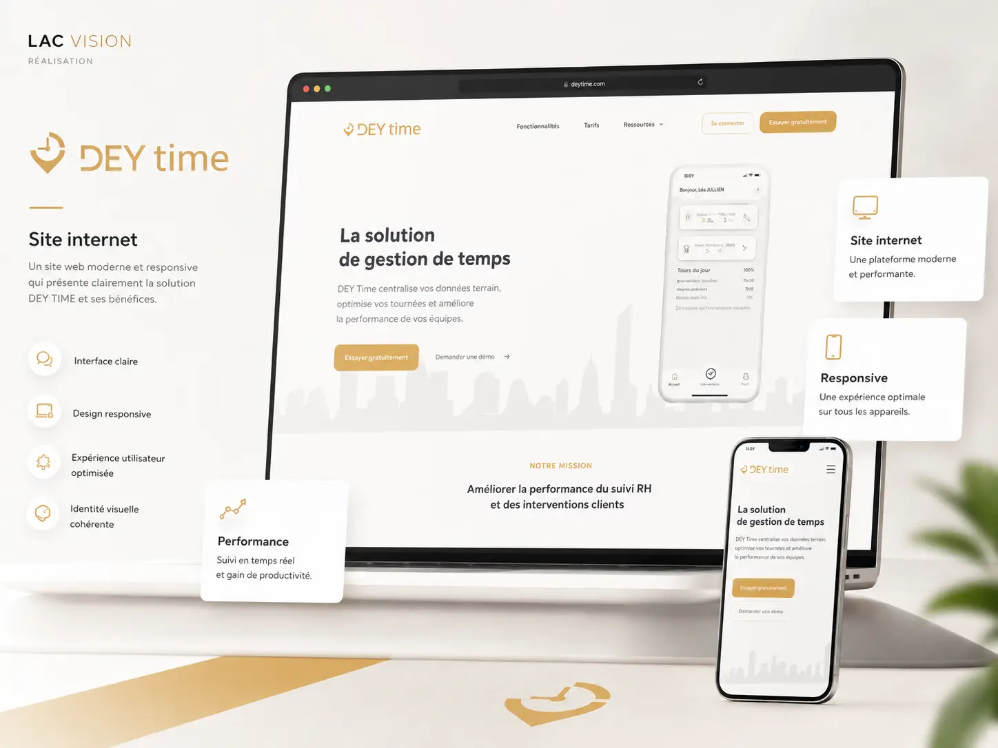 Présentation premium DEY TIME sur fond sombre