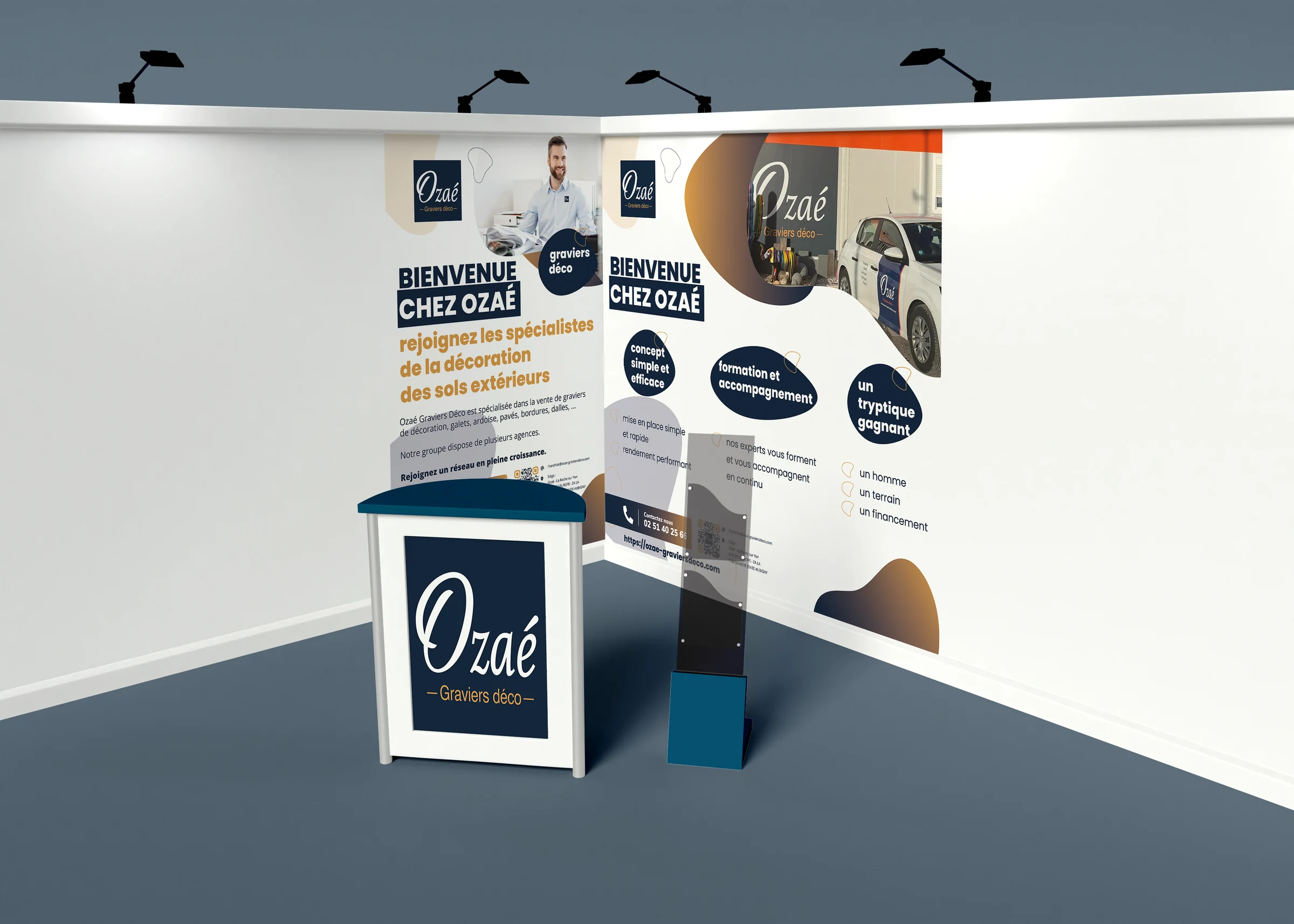 Stand avec comptoir et supports verticaux — Ozaé